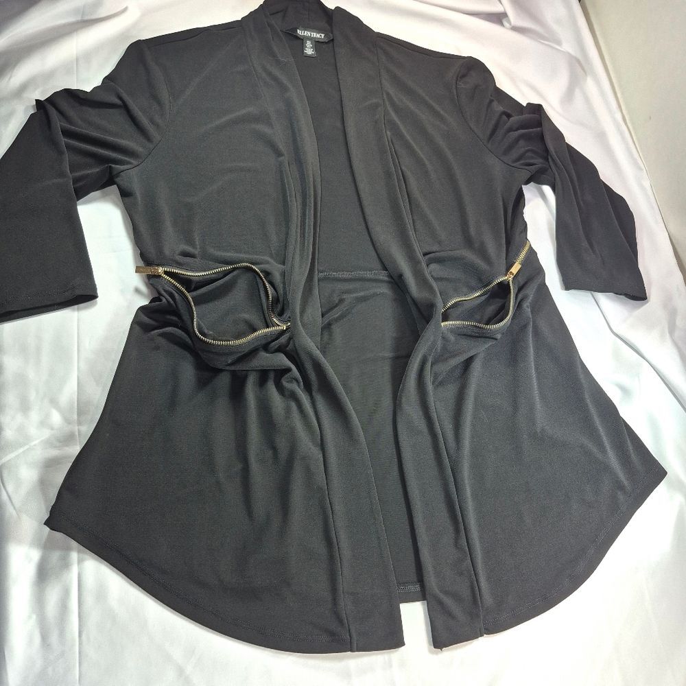 Ellen Tracy Black Draped Open-Front Cardigan Gold Zip Detail Woman's Large - Picture 6 of 13